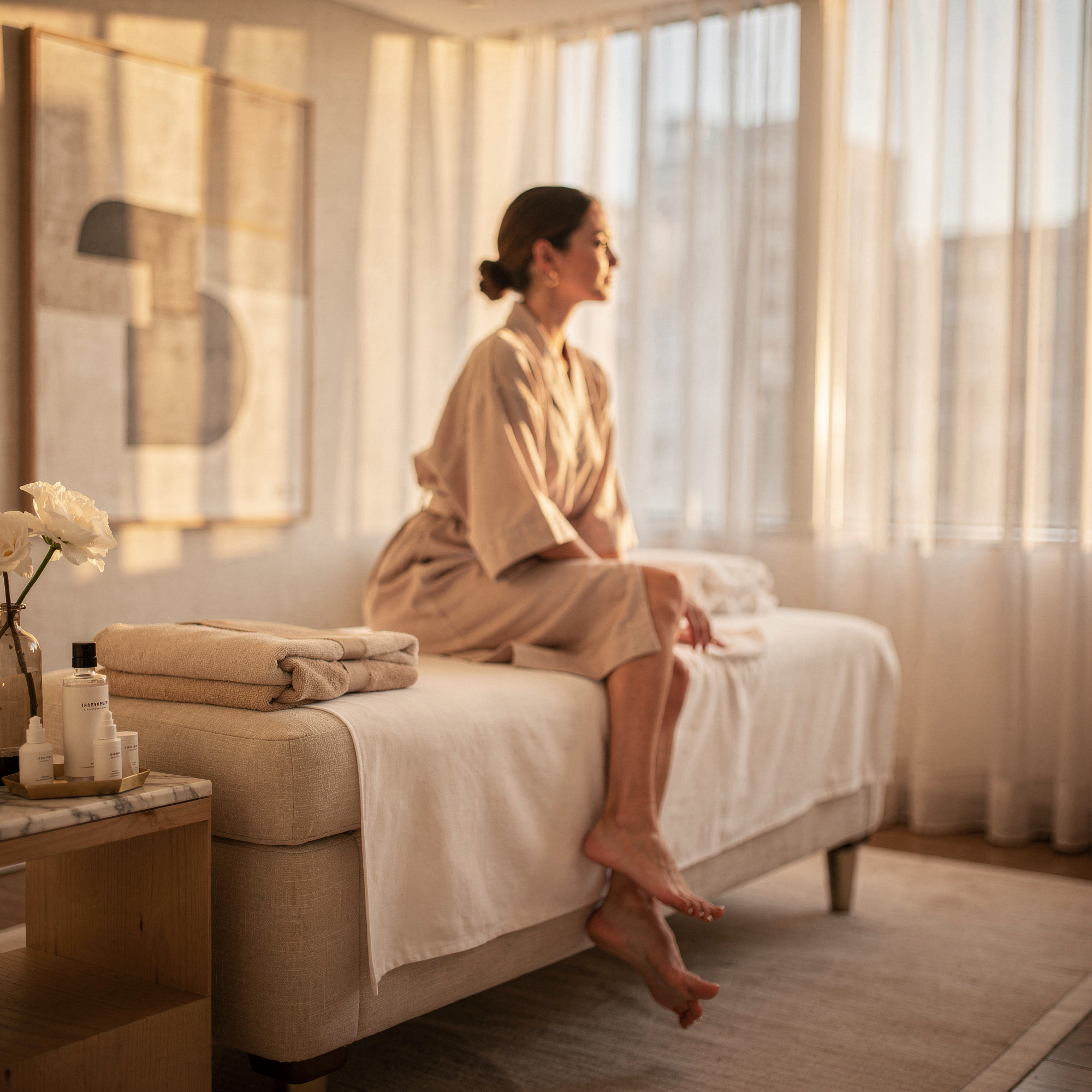 Woman sitting on an examination bed in a bright clinical room with windows and spa-like decor